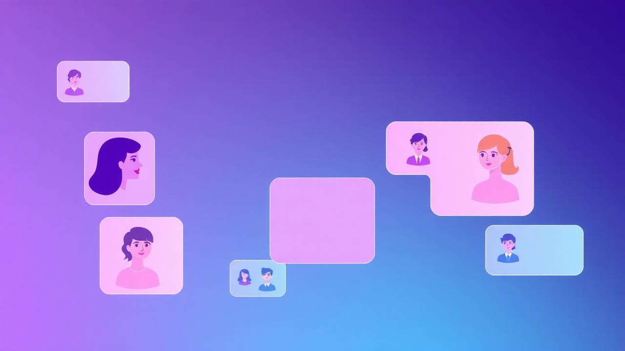 Avatares de assistentes de IA em fundo gradiente roxo e azul