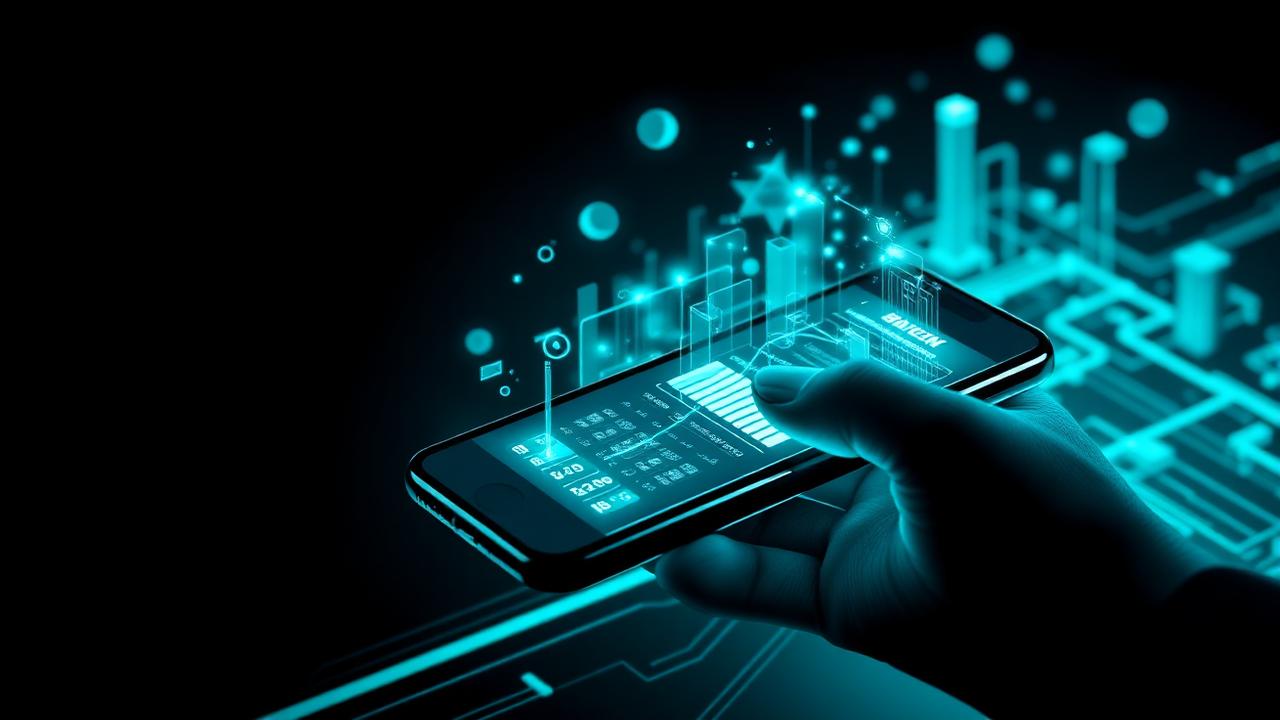 Aplicativo de banco digital em smartphone com interface holográfica