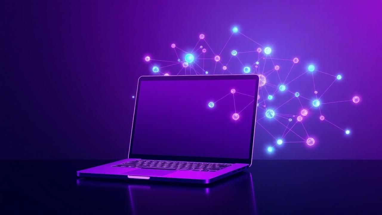 Laptop com rede neural luminosa em tons de roxo e ciano