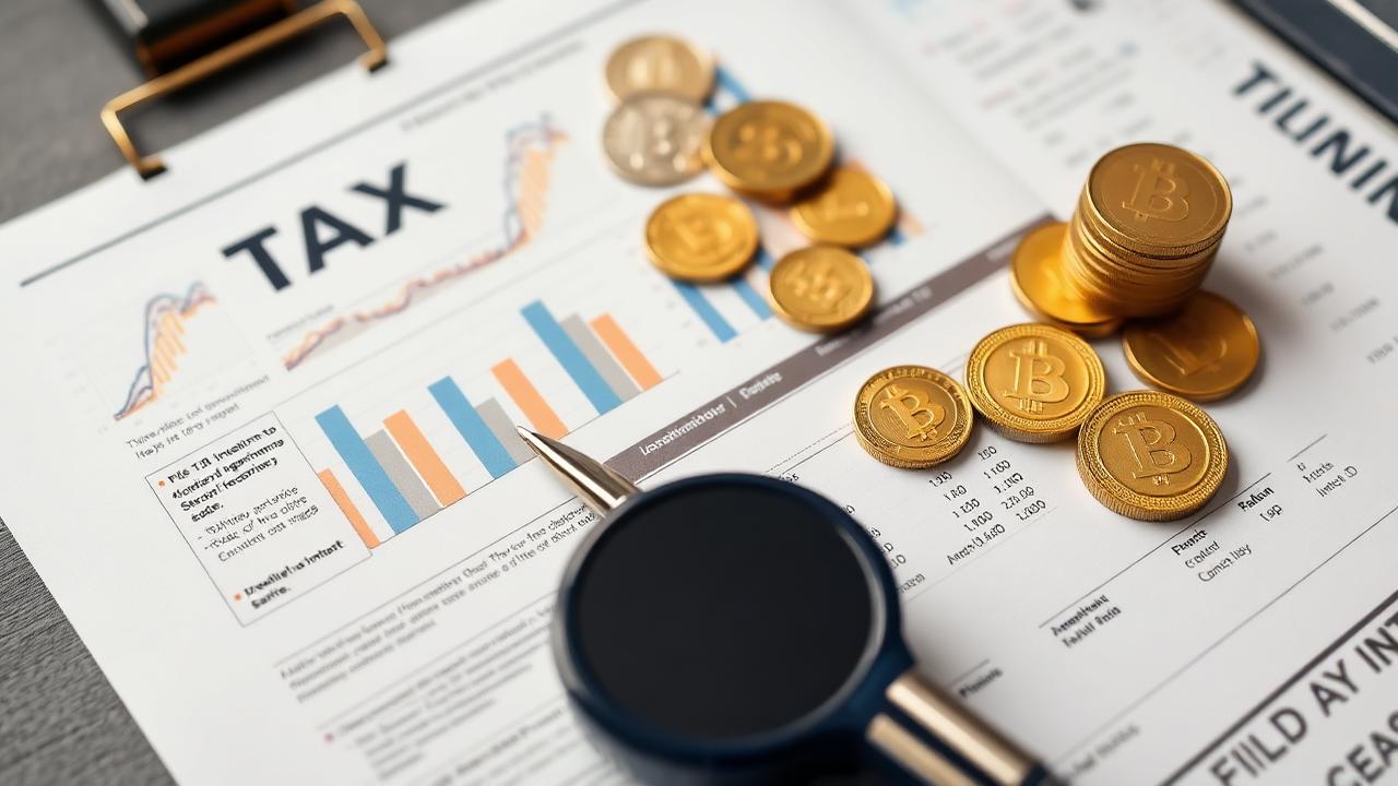 Documento de impostos com gráficos e moedas representando investimentos