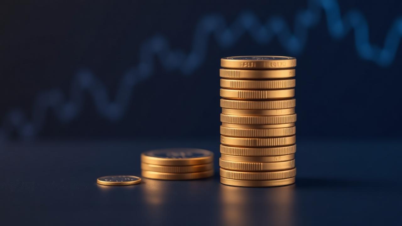 Pilha de moedas douradas com gráfico financeiro ao fundo