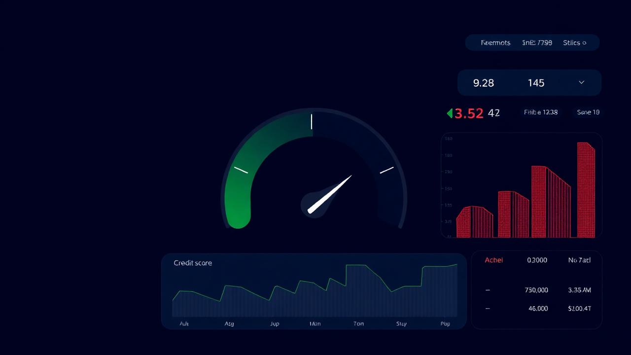 Dashboard com medidor de score em verde e gráficos financeiros